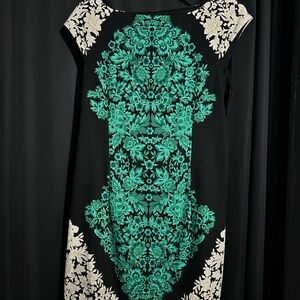 London Times Black Shift Dress with Teal Floral Center Panel and Cream Accents